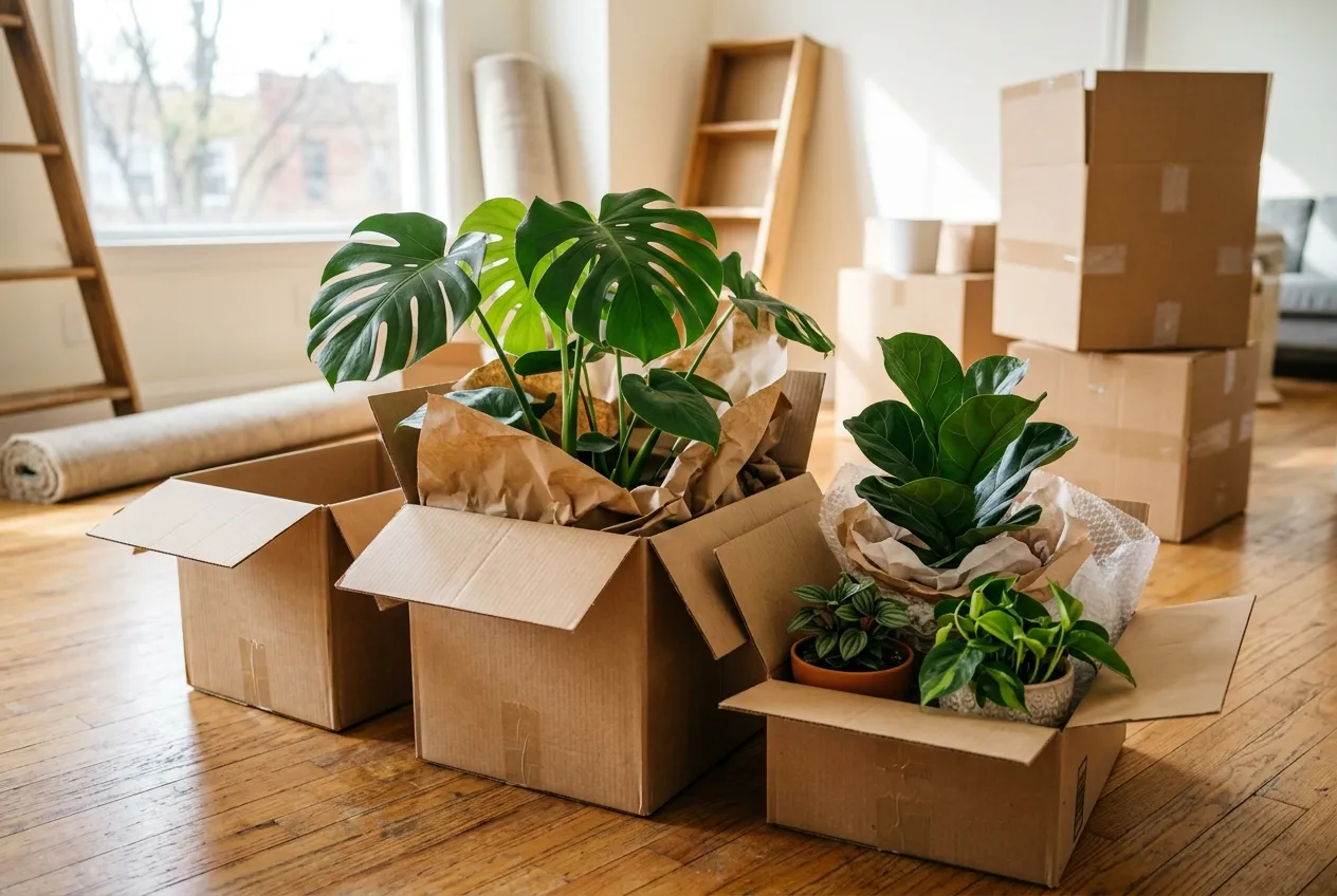 Plantes d'intérieur en pots protégées dans des cartons pendant un déménagement