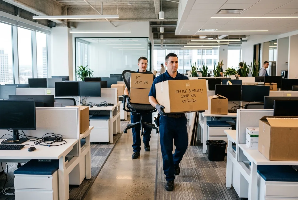 Déménageurs professionnels transférant le mobilier et les équipements d'une entreprise