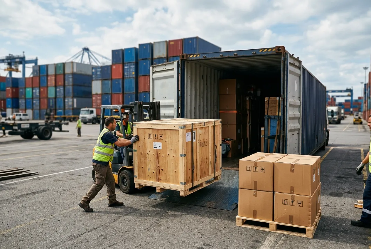Caisses et cartons de déménagement chargés dans un conteneur pour un déménagement international