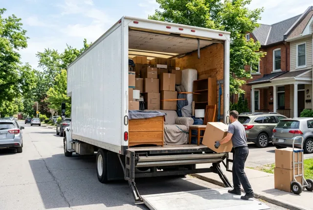Camion de déménagement chargé devant une maison