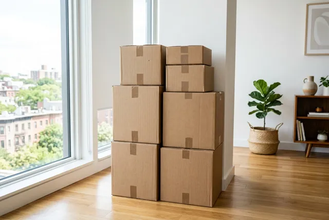 Cartons de déménagement empilés dans un appartement