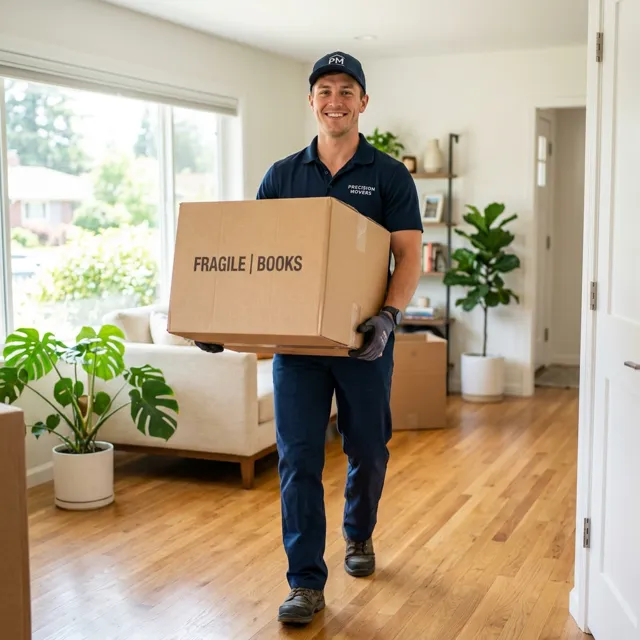 Déménageur professionnel transportant des cartons lors d'un déménagement de particulier
