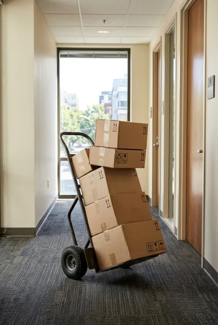 Déménageur transportant des cartons sur un diable entre le logement et le camion